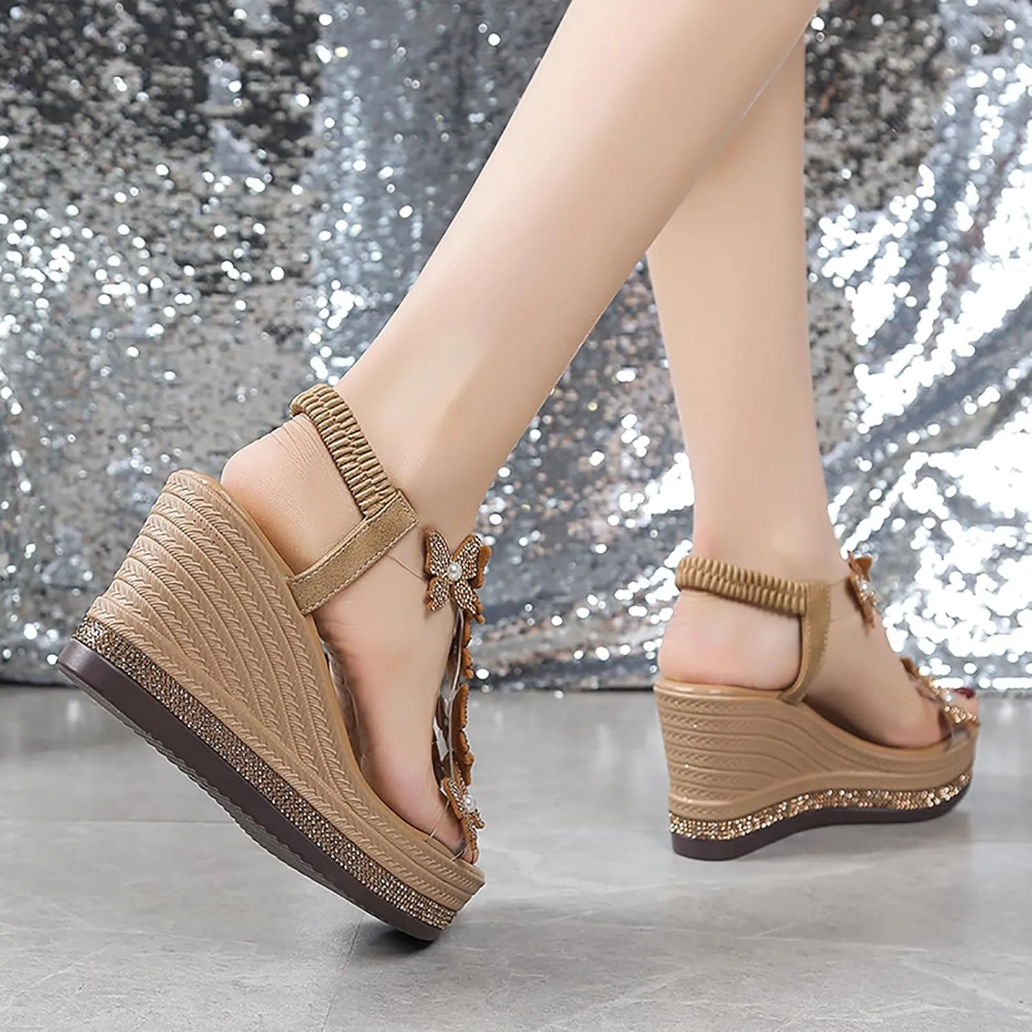Womens Wedges Sandals Heels for Dressy, Comfy Open Toe Platform Wedge Sandals, Summer Rhinestone Butterfly Vacation Wedding Shoes