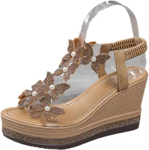 Womens Wedges Sandals Heels for Dressy, Comfy Open Toe Platform Wedge Sandals, Summer Rhinestone Butterfly Vacation Wedding Shoes