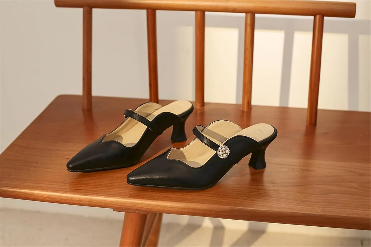 Women's Work Business Vintage Fashion Penny Slip On Mules Pearl Rhinestone Strap Kitten Mid Heels Closed Pointed Toe Comfort Dress Pumps Dating Daily Wear Ladies Shoes