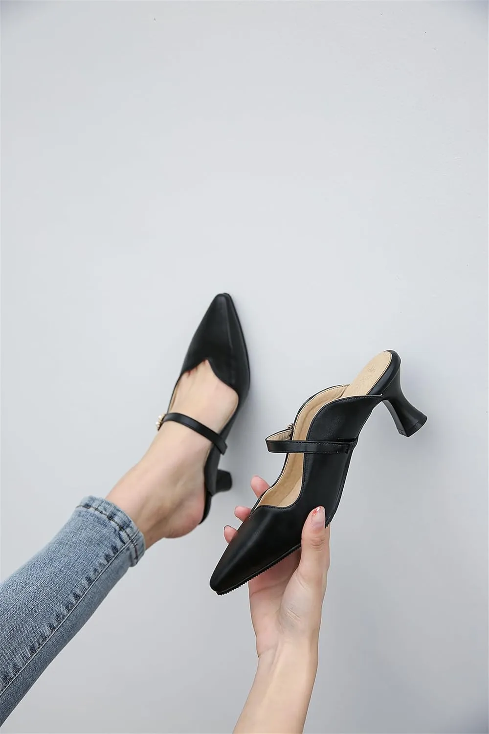 Women's Work Business Vintage Fashion Penny Slip On Mules Pearl Rhinestone Strap Kitten Mid Heels Closed Pointed Toe Comfort Dress Pumps Dating Daily Wear Ladies Shoes