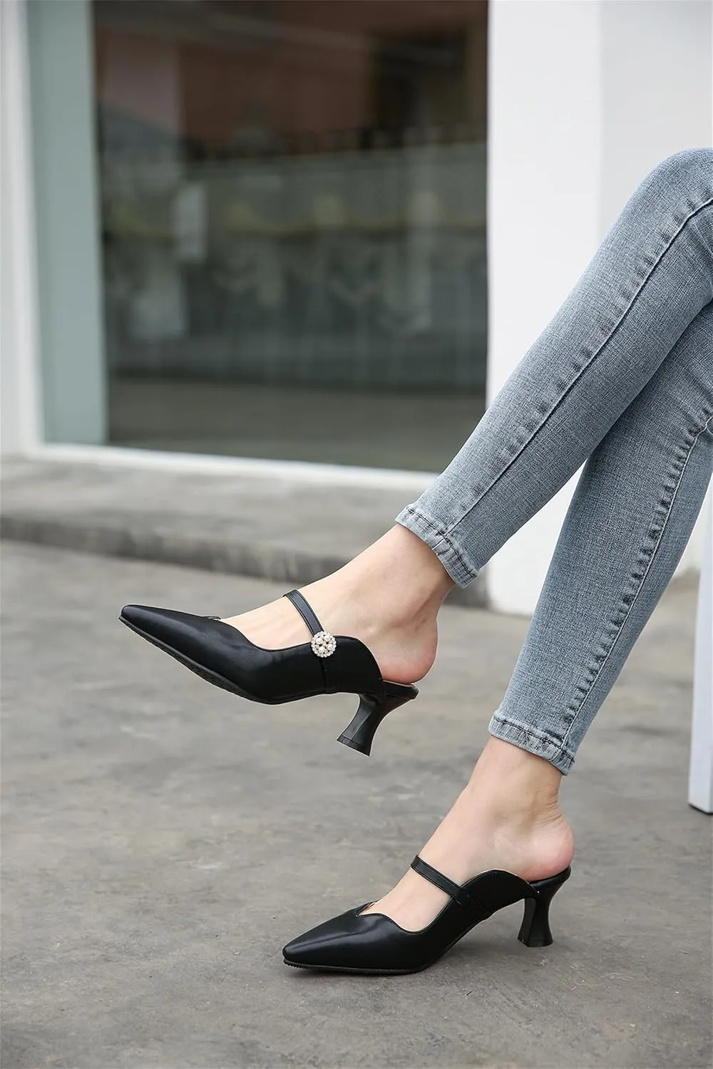 Women's Work Business Vintage Fashion Penny Slip On Mules Pearl Rhinestone Strap Kitten Mid Heels Closed Pointed Toe Comfort Dress Pumps Dating Daily Wear Ladies Shoes