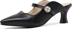 Women's Work Business Vintage Fashion Penny Slip On Mules Pearl Rhinestone Strap Kitten Mid Heels Closed Pointed Toe Comfort Dress Pumps Dating Daily Wear Ladies Shoes