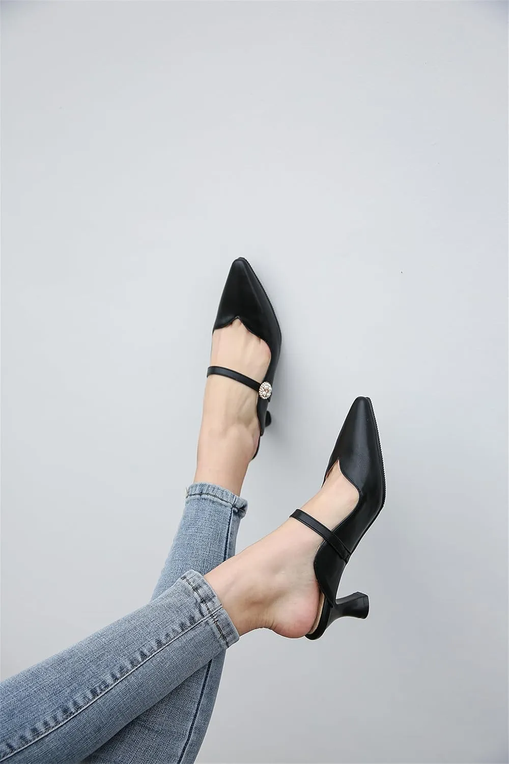 Women's Work Business Vintage Fashion Penny Slip On Mules Pearl Rhinestone Strap Kitten Mid Heels Closed Pointed Toe Comfort Dress Pumps Dating Daily Wear Ladies Shoes