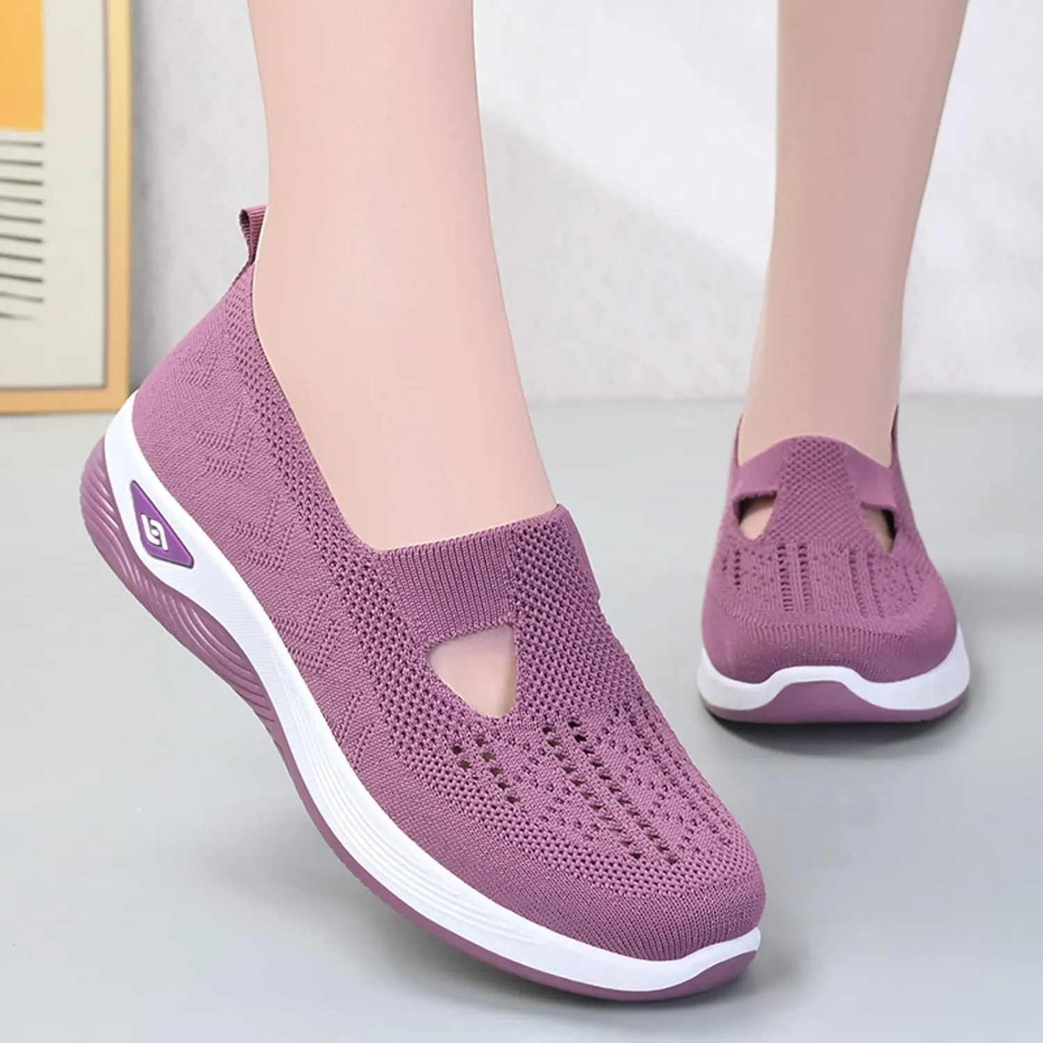 Women's Woven Breathable Soft Sole Shoes Arch Support Knit Upper Stretch Slip on Casual Orthopedic Sneakers Summer