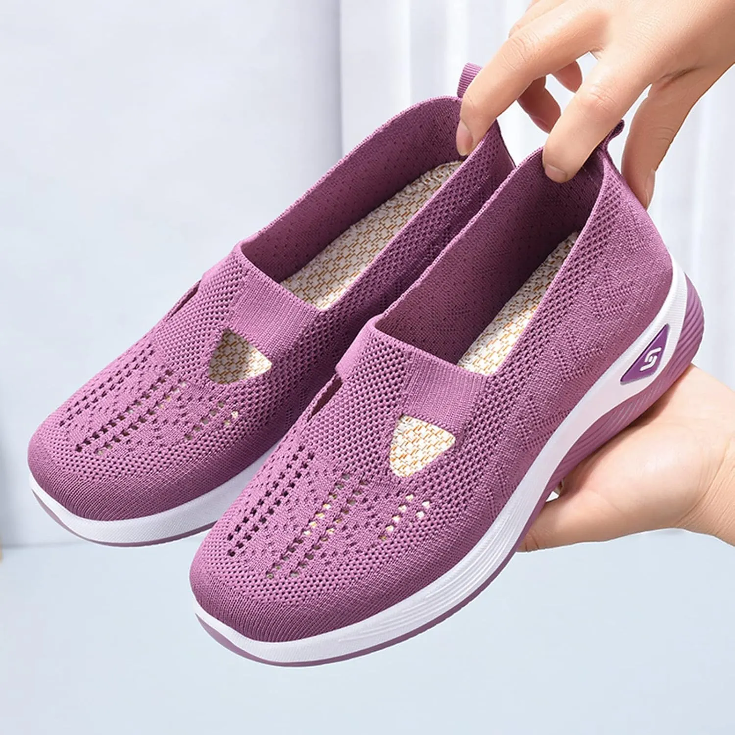 Women's Woven Breathable Soft Sole Shoes Arch Support Knit Upper Stretch Slip on Casual Orthopedic Sneakers Summer