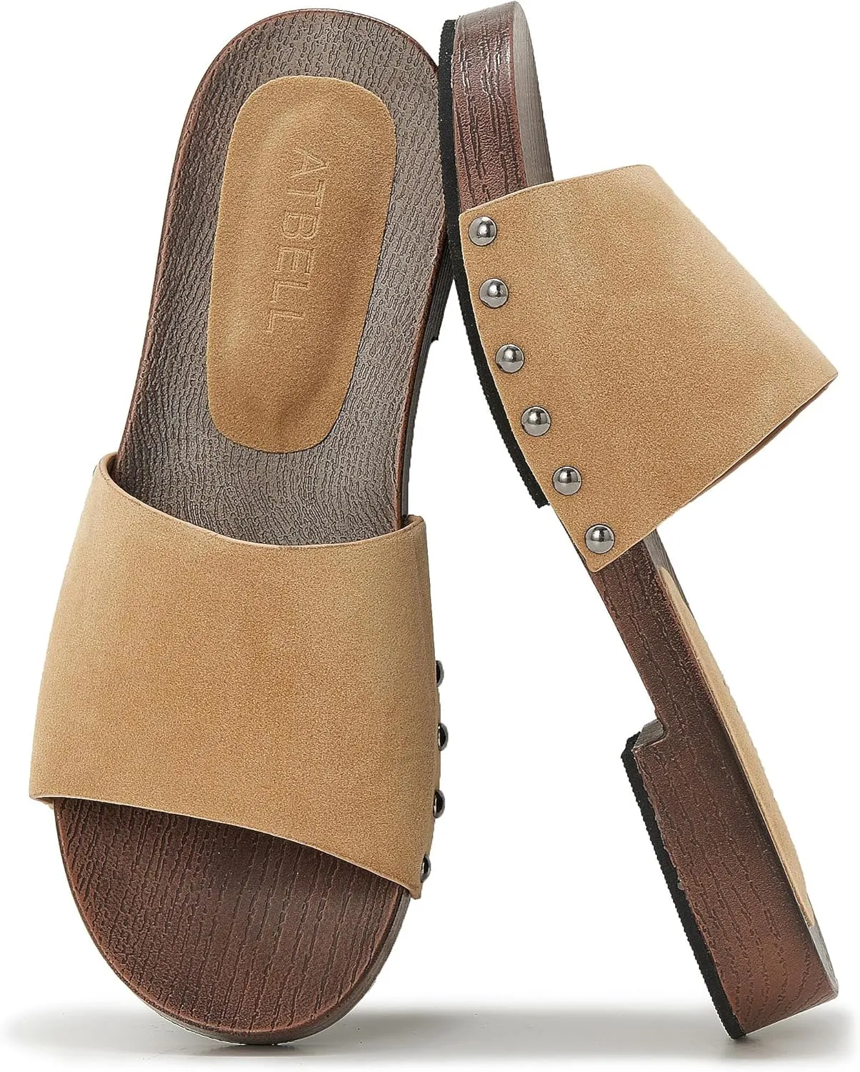 Womens's Wooden Style Block Heel Sandal Open Toe Platform Clogs Rivet Studed Slip On Summer Mules