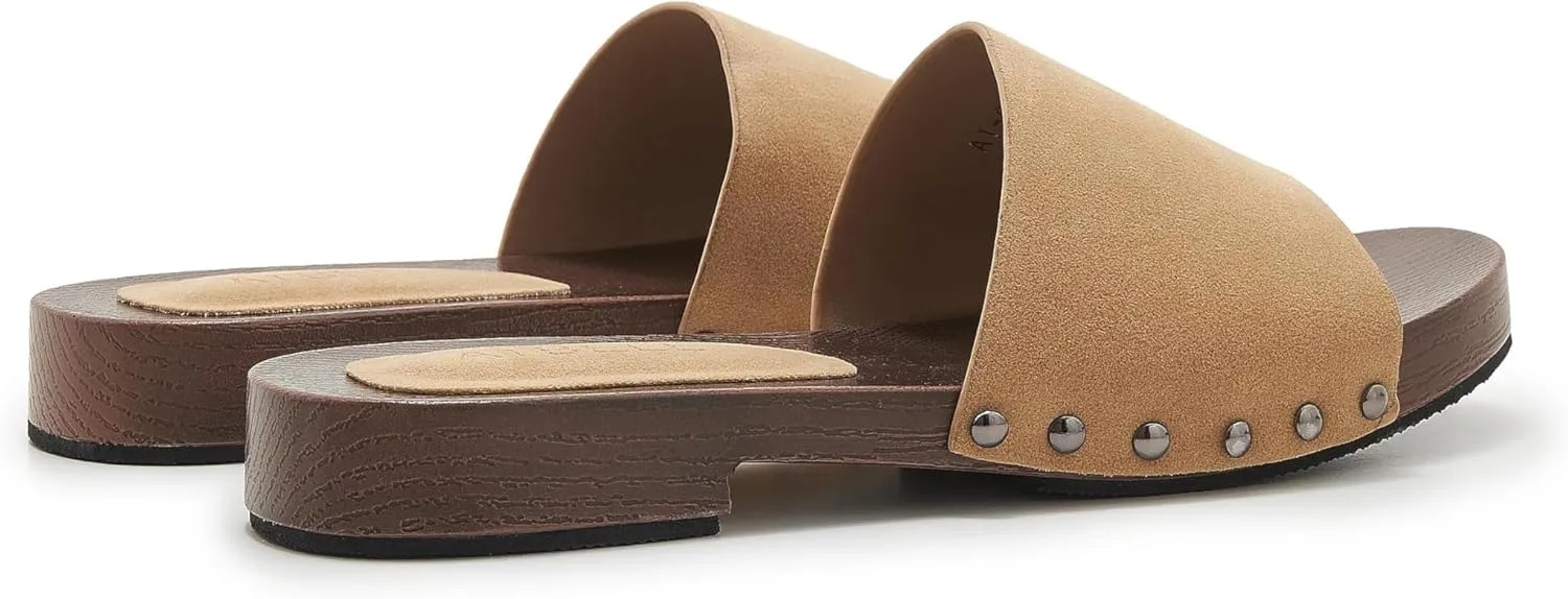 Womens's Wooden Style Block Heel Sandal Open Toe Platform Clogs Rivet Studed Slip On Summer Mules