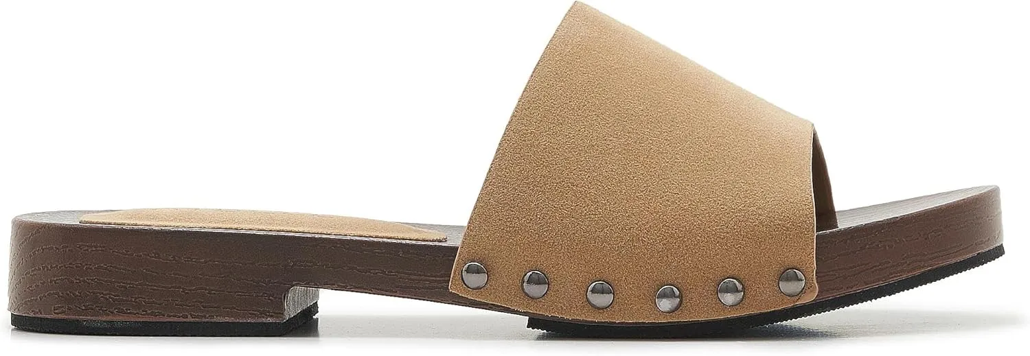 Womens's Wooden Style Block Heel Sandal Open Toe Platform Clogs Rivet Studed Slip On Summer Mules