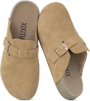 XIXITIAO Suede Clogs for Women,Genuine Leather Mules,Soft PU Footbed Cloud-Like Cushioning,Comfort Potato Shoes with Arch Support