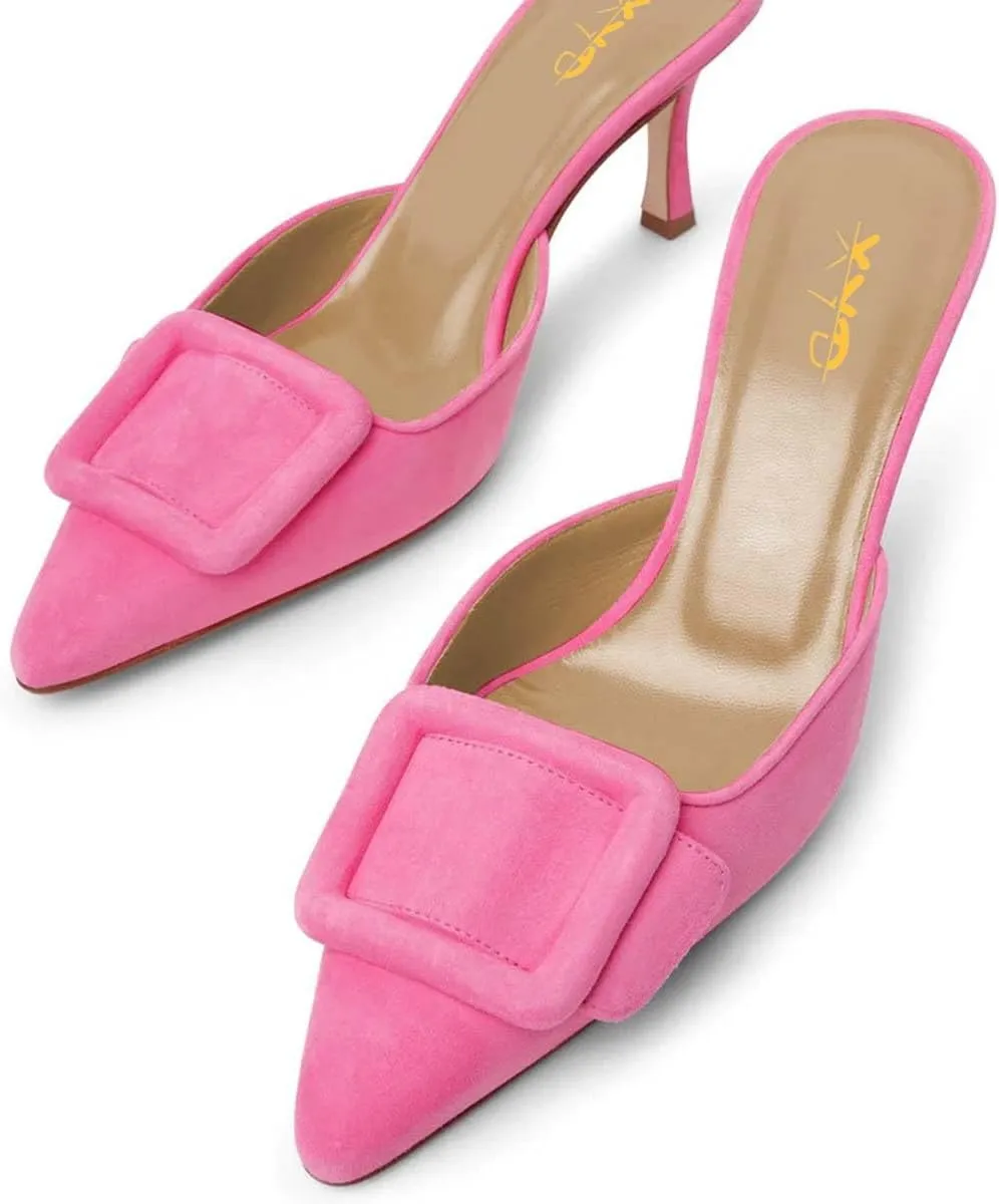 XYD Women Closed Pointed Toe Mules with Buckle High Heel Stiletto Slip On Open-back Slides Dress Casual Fashion Shoes