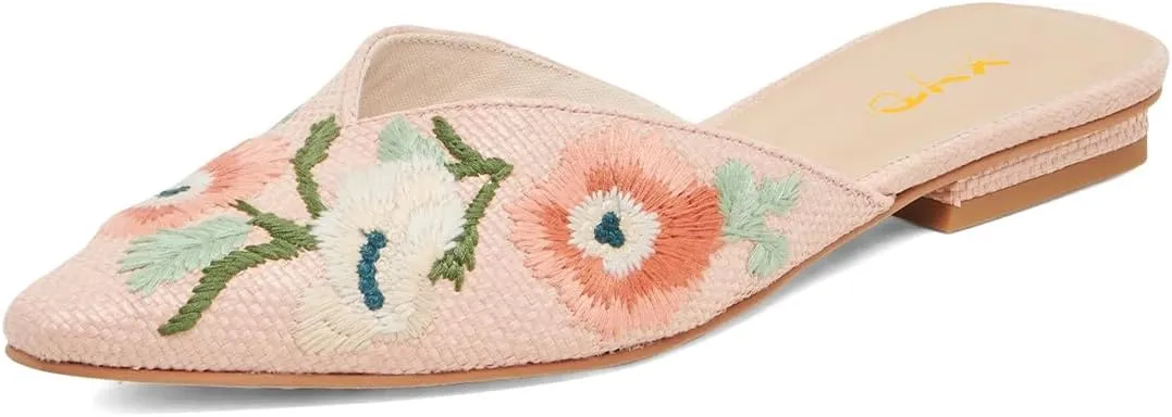 XYD Women Pointed Toe Embroidery Flat Mules Spring Summer Comfort Slip-on Holiday Bridal Dress Shoes