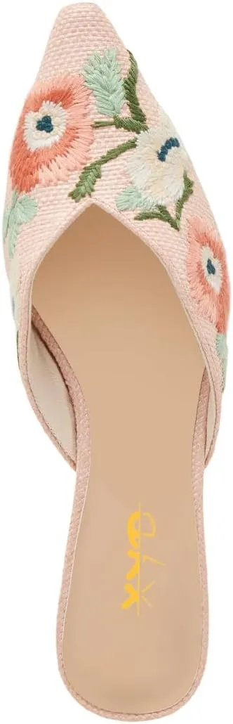 XYD Women Pointed Toe Embroidery Flat Mules Spring Summer Comfort Slip-on Holiday Bridal Dress Shoes