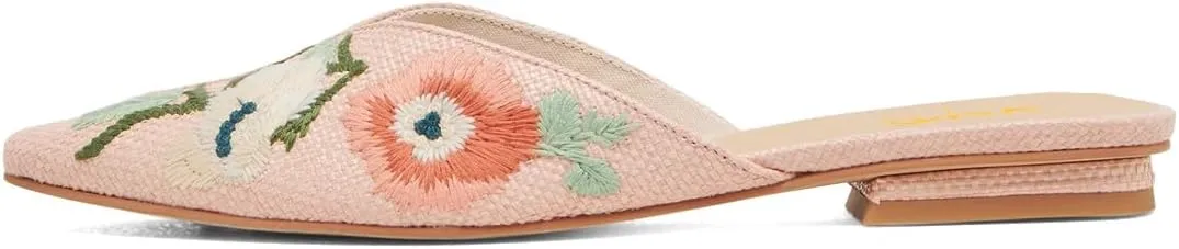XYD Women Pointed Toe Embroidery Flat Mules Spring Summer Comfort Slip-on Holiday Bridal Dress Shoes
