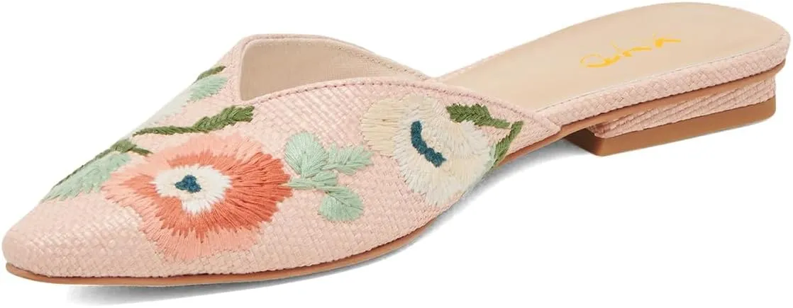 XYD Women Pointed Toe Embroidery Flat Mules Spring Summer Comfort Slip-on Holiday Bridal Dress Shoes