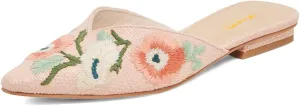 XYD Women Pointed Toe Embroidery Flat Mules Spring Summer Comfort Slip-on Holiday Bridal Dress Shoes