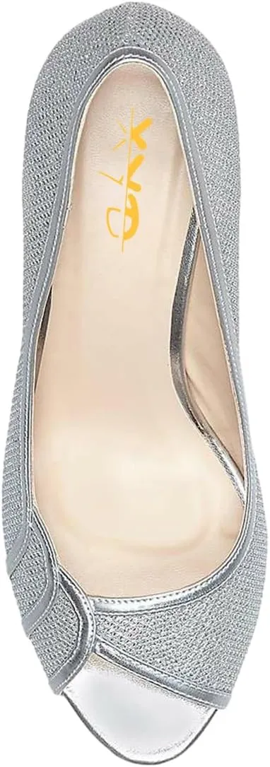 XYD Women's Peep Toe Low Heel Bridal Pumps Slip On Sandals Fashion Petal Curve Glitter Wedding Dinner Party Dress Shoes