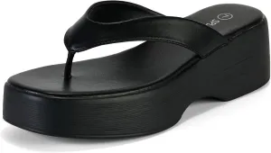Yavero Women's Platform Flip Flop Sandals Comfortable Wedge Thong Sandals with Square Toe, Casual Summer Sandals Black 6