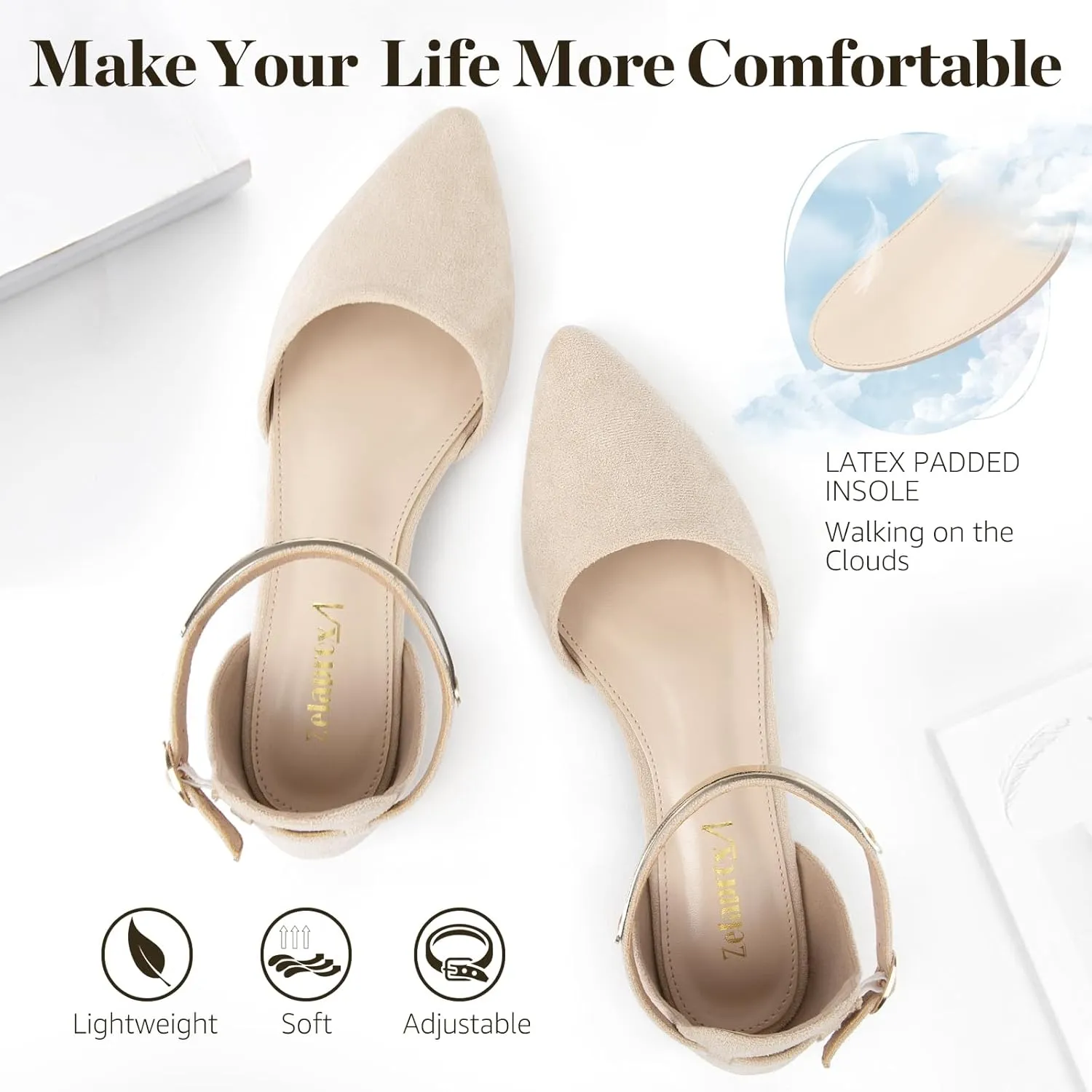 Zelaprox Women's Black Pointed Toe Flats Rhinestone Bow Ankle Strap Ballet Flats Comfortable Slip On Flats Light Weight Suede Dress Shoes
