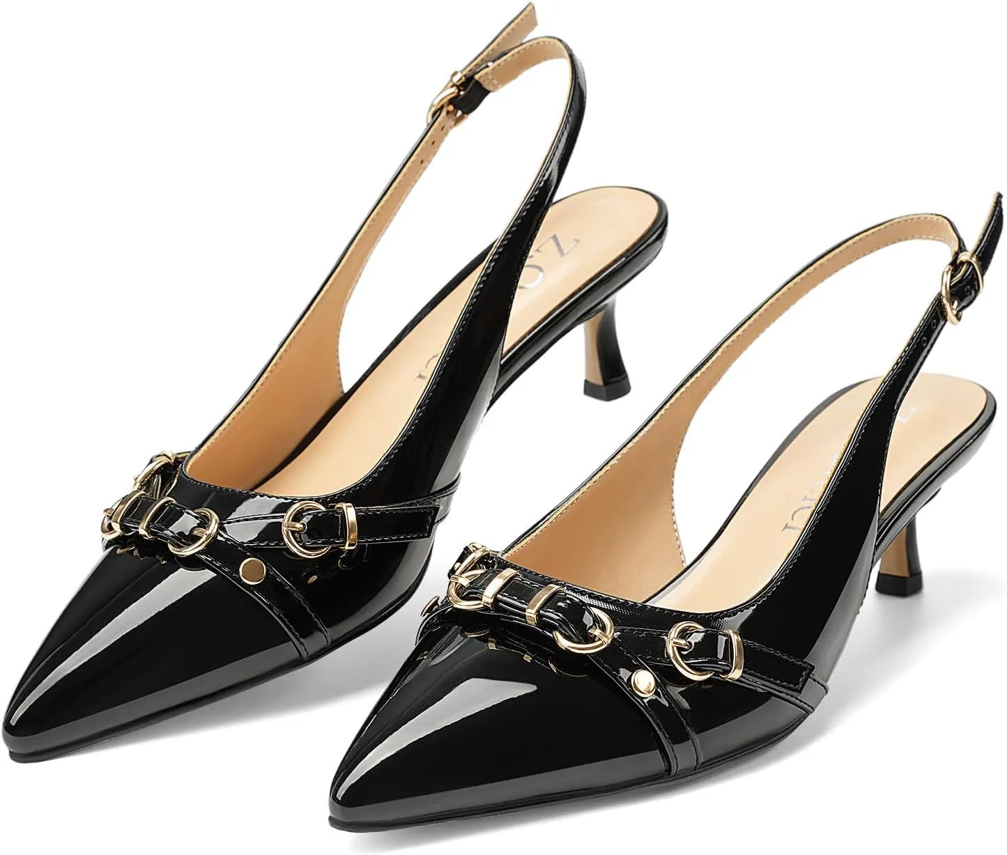 Z.Oufeier Women's Slingback Low Kitten Heels Closed Pointed Toe Buckle Straps Heeled Sandals Sexy Leather Dressy Shoes Pumps