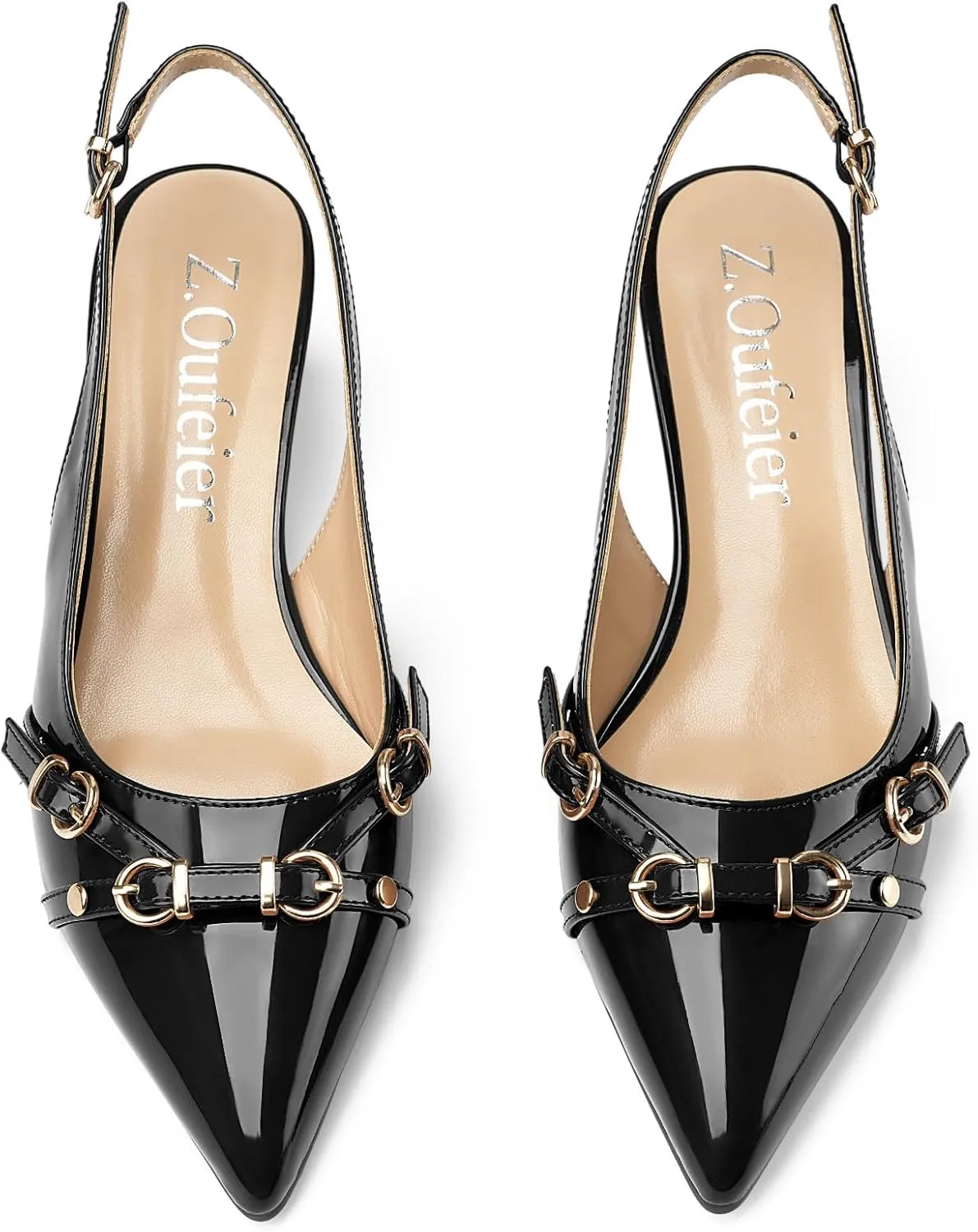 Z.Oufeier Women's Slingback Low Kitten Heels Closed Pointed Toe Buckle Straps Heeled Sandals Sexy Leather Dressy Shoes Pumps
