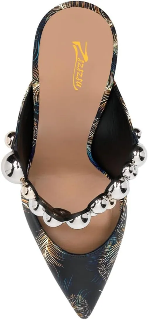 Zszszsu Women's Sexy Pointed Toe Studded Strap Mules Stiletto High Heels Slip On Comfort Shoes Size 4-16 US
