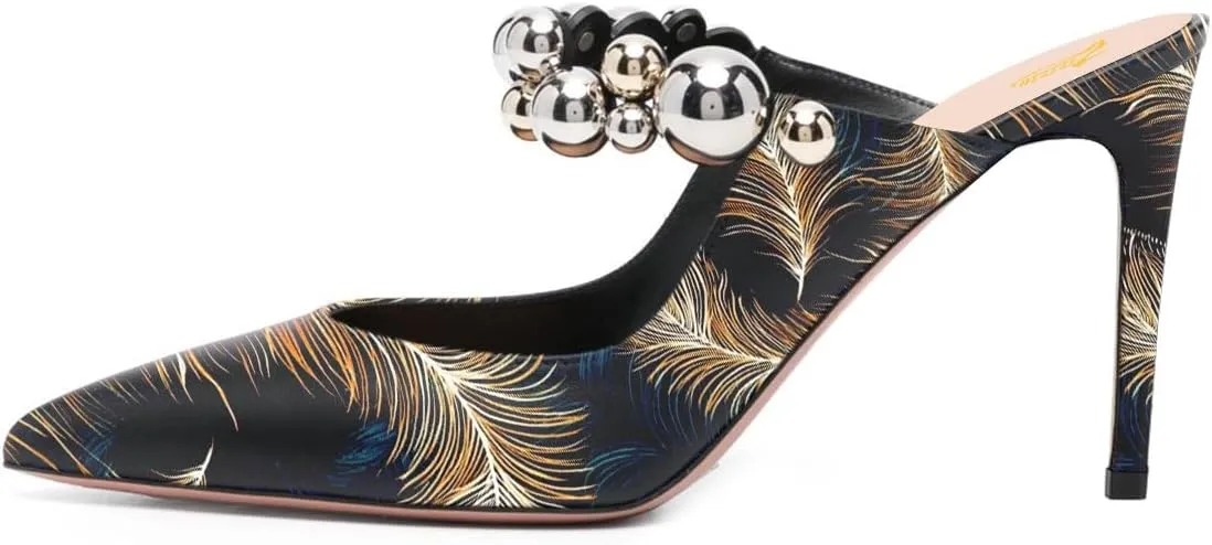 Zszszsu Women's Sexy Pointed Toe Studded Strap Mules Stiletto High Heels Slip On Comfort Shoes Size 4-16 US