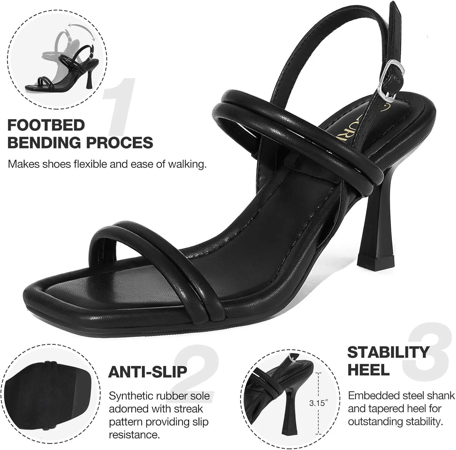 ZURIN Womens Strappy Sandals Kitten Heels Square Open Toe Heeled Sandals Ankle Strap Slingback High Heels Dress Party Evening Prom wedding Shoes