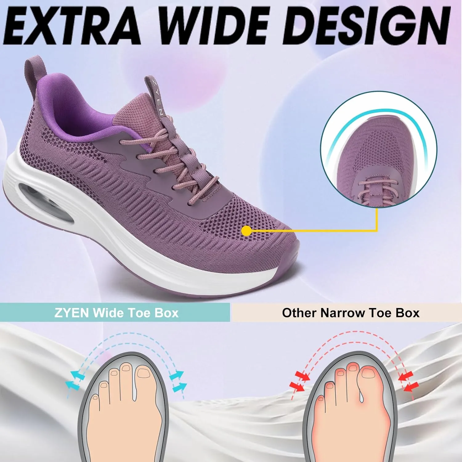 ZYEN Wide Toe Box Shoes Women Air Cushion Road Running Shoes Extra Wide Width Sneakers Arch Support Gym Athletic Tennis Sneakers Lightweight Breathable Walking Shoes